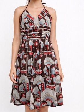 Kay Unger 100% Silk Brown Halter Sundress Red Blue Print retro size 4